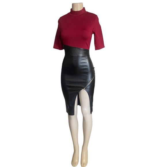 Vijo Couture Two-Tone Mock Neck Leatherette Side Slit Dress – Half Sleeve Size S - Picture 4 of 9
